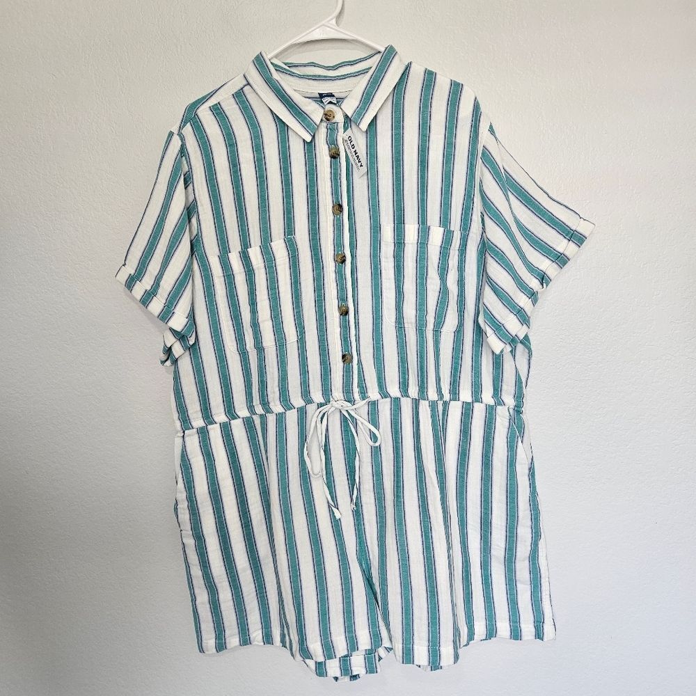 NWT Old Navy Crinkle Gauze Button Down Romper Blue White Stripe XXL Petite - Picture 2 of 7